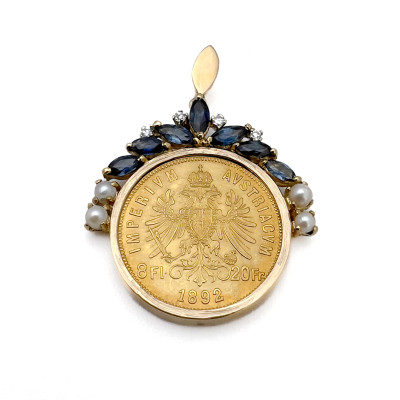 Gold Coin, Spinel, Diamond and Pearl Pendant
