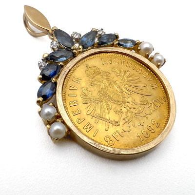 Gold Coin, Spinel, Diamond and Pearl Pendant