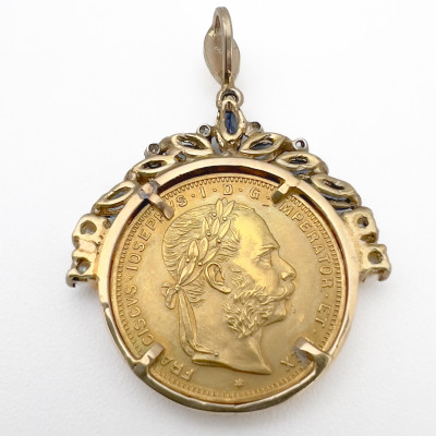 Gold Coin, Spinel, Diamond and Pearl Pendant