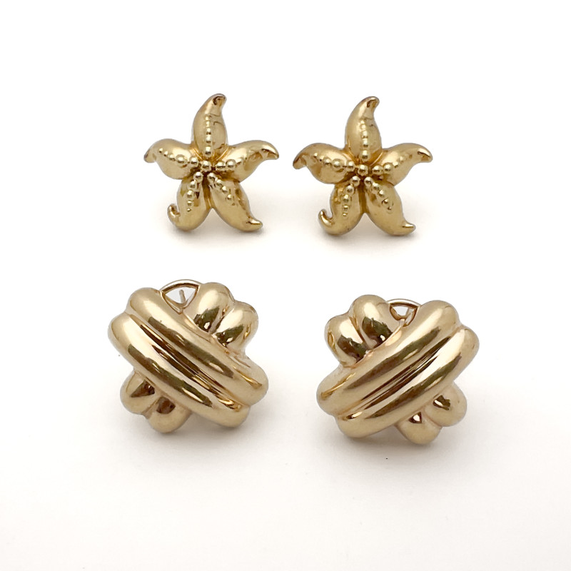 Yellow Gold Earrings, Two Pairs, Starfish and Knots