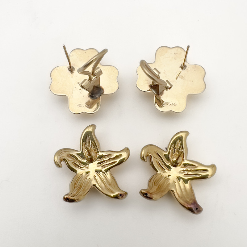 Yellow Gold Earrings, Two Pairs, Starfish and Knots