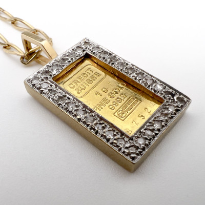 Gold Credit Suisse Bar and Diamond Pendant Necklace