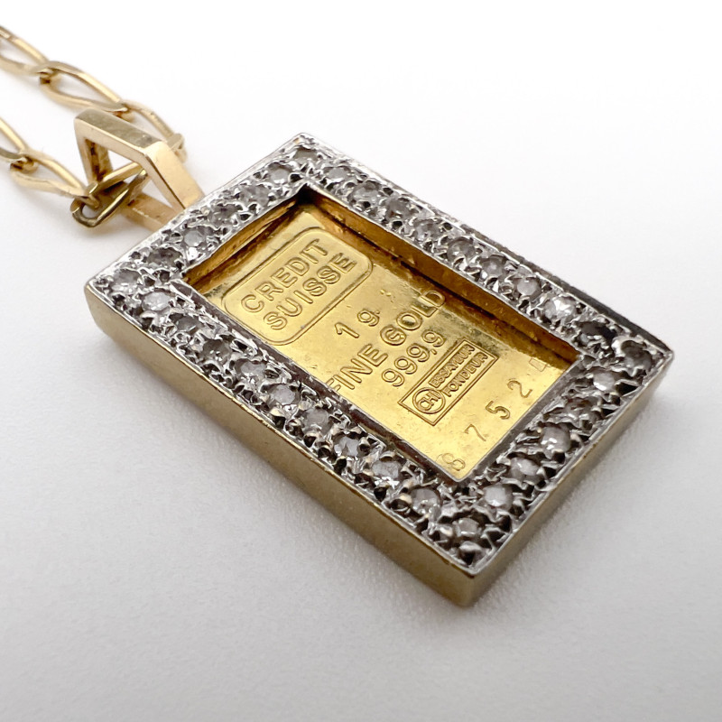 Gold Credit Suisse Bar and Diamond Pendant Necklace