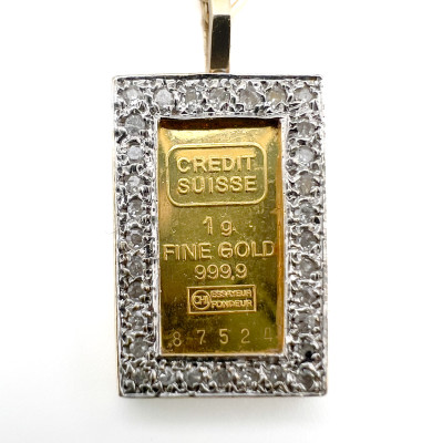 Gold Credit Suisse Bar and Diamond Pendant Necklace