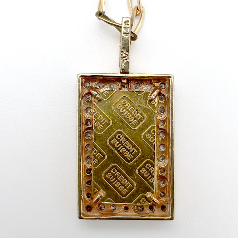 Gold Credit Suisse Bar and Diamond Pendant Necklace