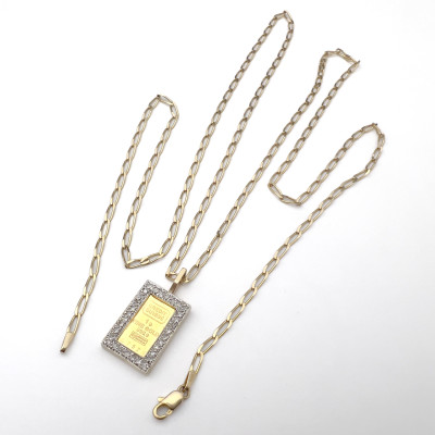 Gold Credit Suisse Bar and Diamond Pendant Necklace