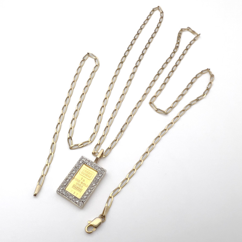 Gold Credit Suisse Bar and Diamond Pendant Necklace