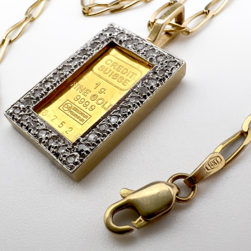 Gold Credit Suisse Bar and Diamond Pendant Necklace