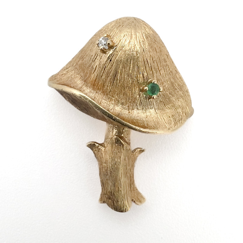 Diamond and Emerald Gold Mushroom Brooch