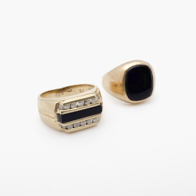 Image for Lot Two Gold And Onyx Rings, One With Diamonds
