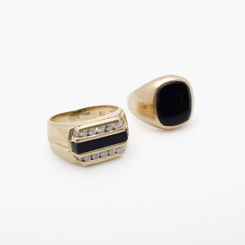 Two Gold And Onyx Rings, One With Diamonds