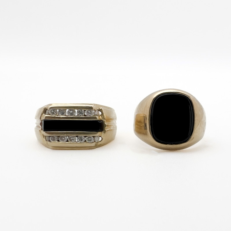 Two Gold And Onyx Rings, One With Diamonds