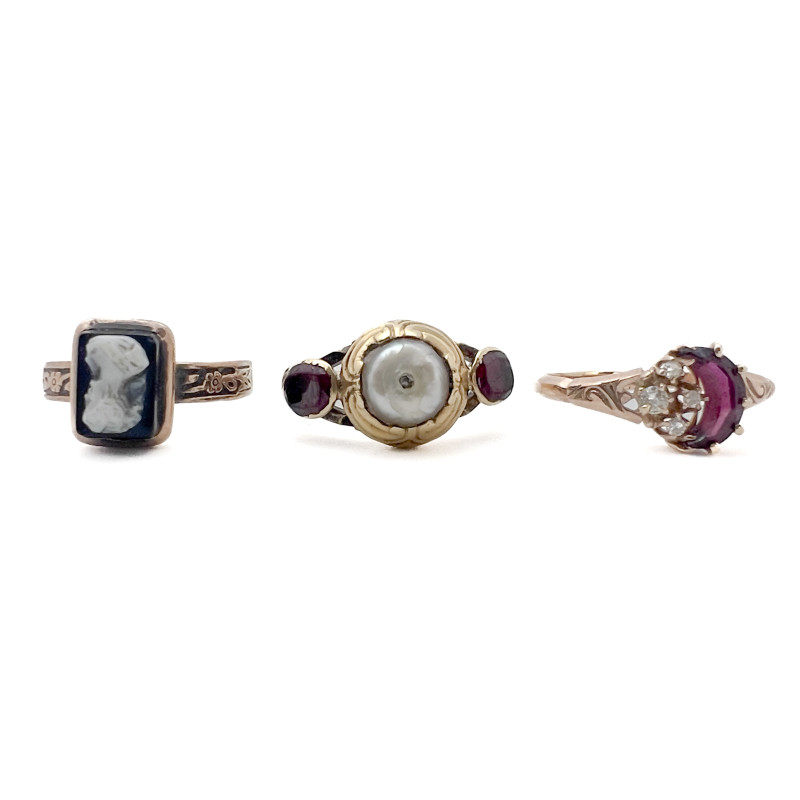 Gold Rings, Gems and Pearl, Group of Three