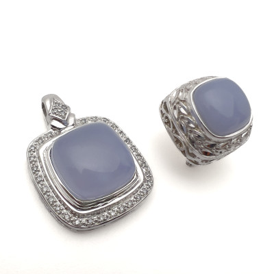 Image for Lot White Gold Chalcedony and Diamond Pendant and Single Jade Earring