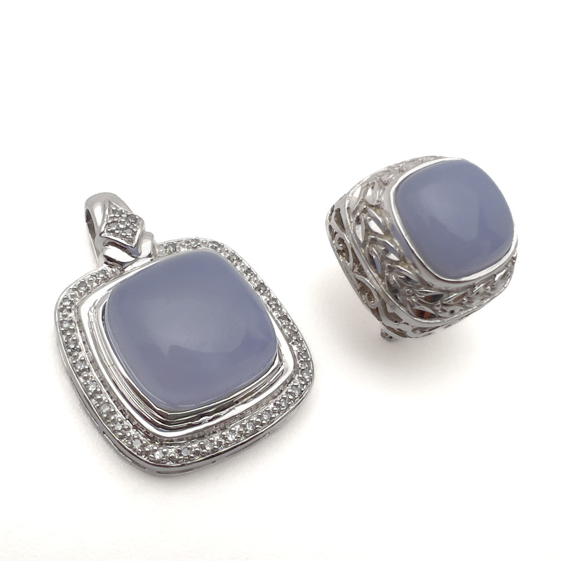 White Gold Chalcedony and Diamond Pendant and Single Jade Earring