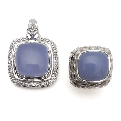 White Gold Chalcedony and Diamond Pendant and Single Jade Earring