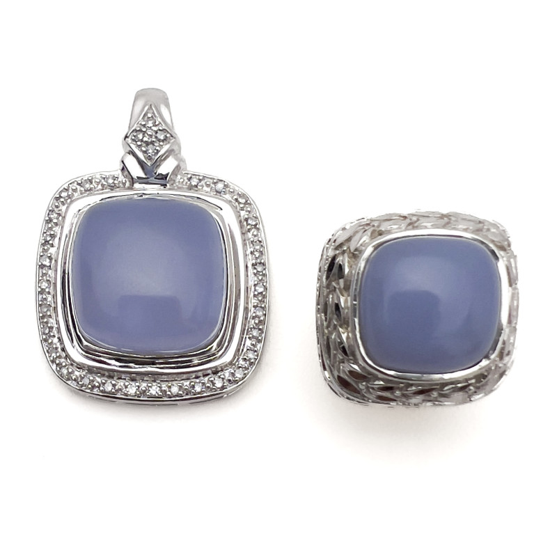 White Gold Chalcedony and Diamond Pendant and Single Jade Earring