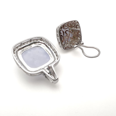 White Gold Chalcedony and Diamond Pendant and Single Jade Earring