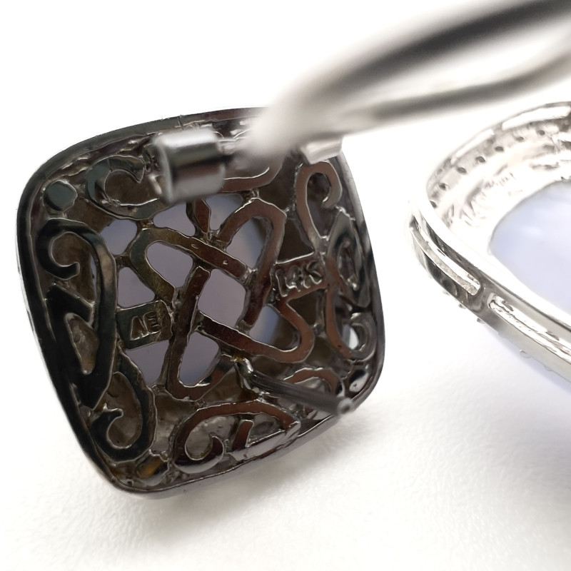 White Gold Chalcedony and Diamond Pendant and Single Jade Earring