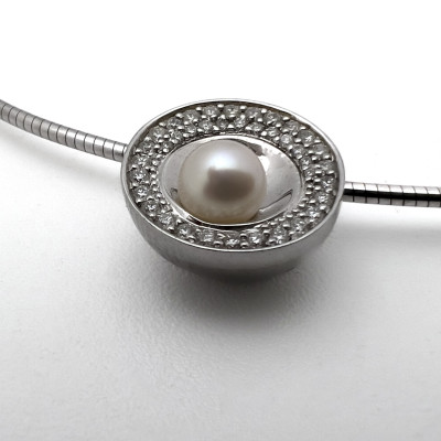 Movado - Gold, Pearl, and Pavé Diamond Pendant Necklace