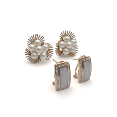 Image for Lot Two Pairs, Yellow Gold Earrings, Pearls and Mother of Pearl, Diamonds