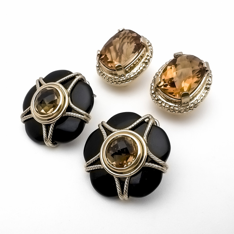 Onyx and Citrine Earrings in Yellow Gold
