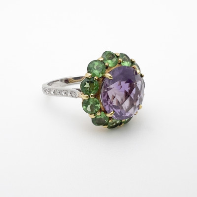 Image for Lot Paolo Costagli - Gold Amethyst, Tsavorite, and Diamond Cocktail Ring