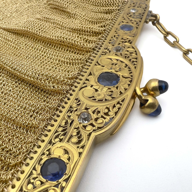 Belle Époque Gold Evening Mesh Bag with Sapphires and Diamonds