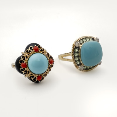 Image for Lot Two Gold and Turquoise Cocktail Rings