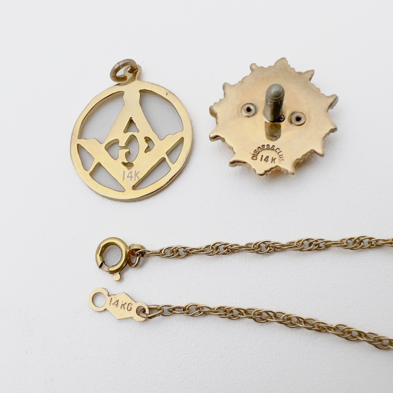 Gold Pendant, Pin, and Chain