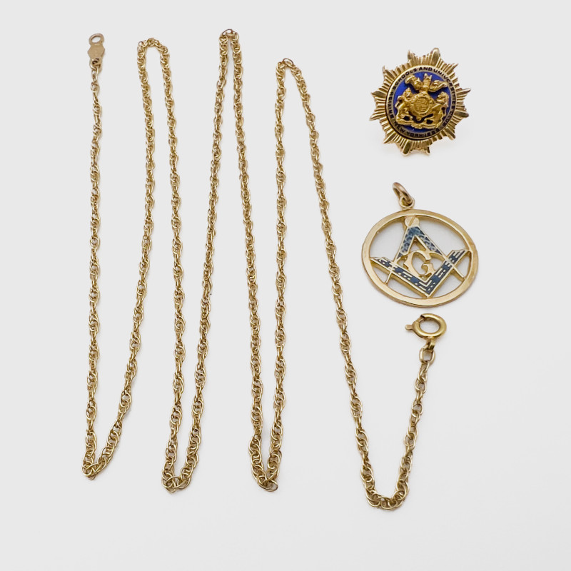 Gold Pendant, Pin, and Chain