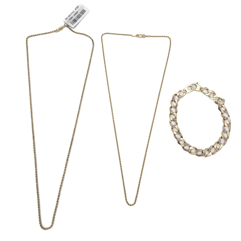 Gold And Diamond Curb Link Bracelet, And Two Gold Chains