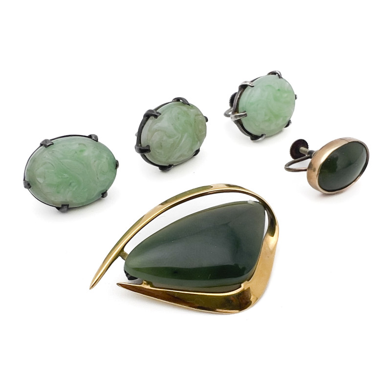 Gold, Nephrite, and Jade Earrings and Brooch