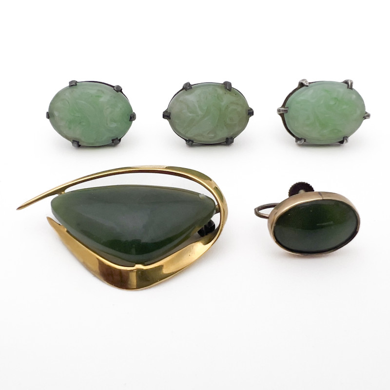 Gold, Nephrite, and Jade Earrings and Brooch