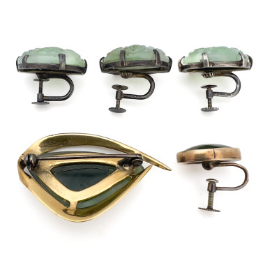 Gold, Nephrite, and Jade Earrings and Brooch