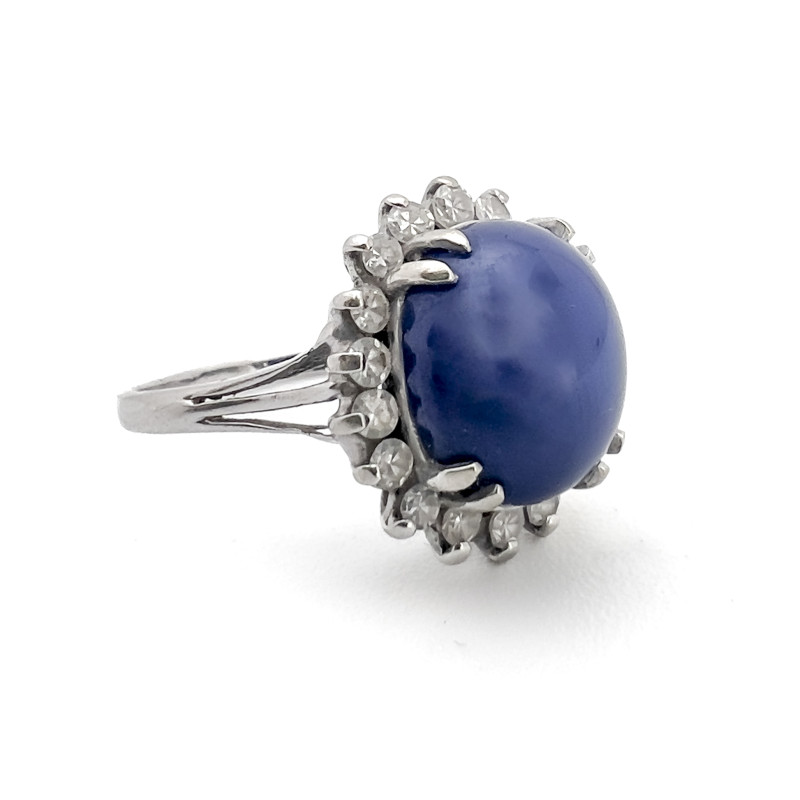 White Gold Ring with Star Sapphire and Diamond Halo