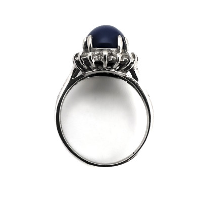 White Gold Ring with Star Sapphire and Diamond Halo