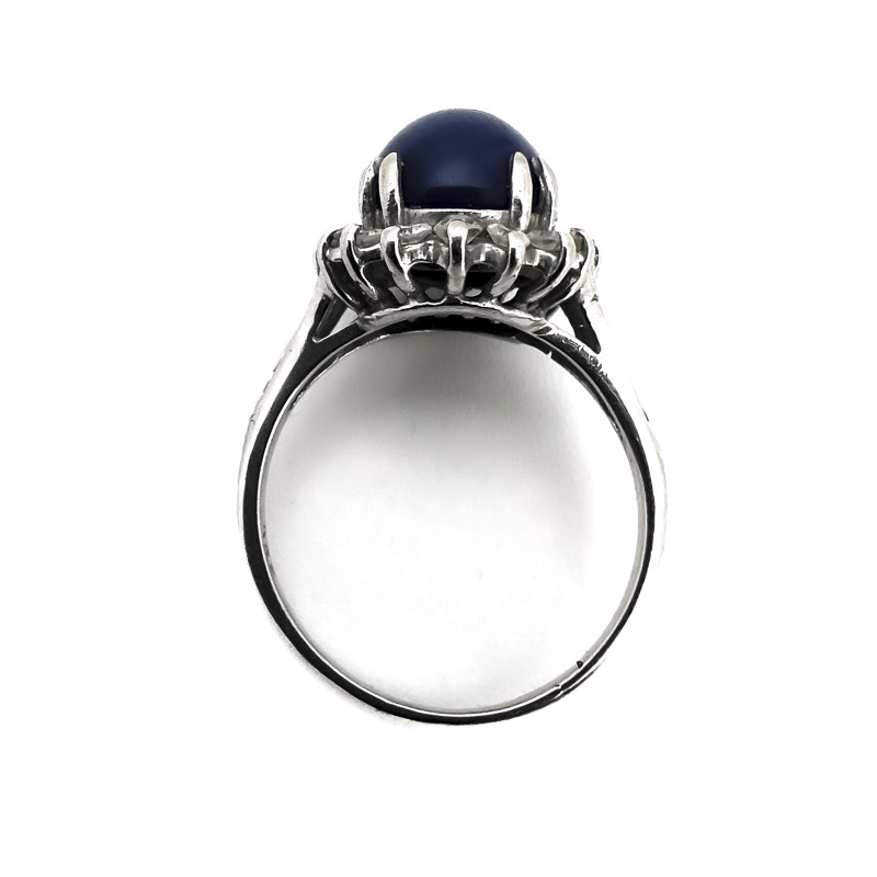 White Gold Ring with Star Sapphire and Diamond Halo