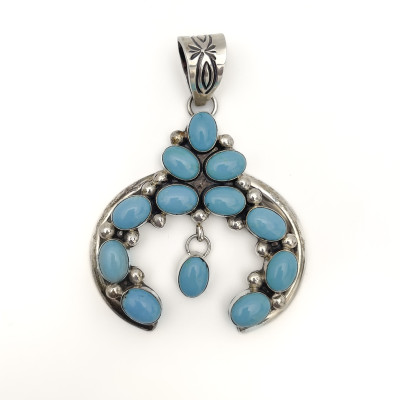 Image for Lot Zia Silver Navajo Squash Blossom Turquoise Pendant