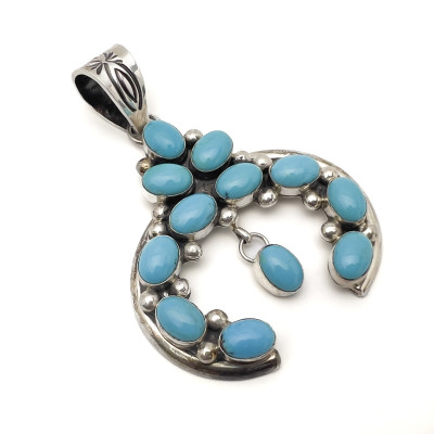 Zia Silver Navajo Squash Blossom Turquoise Pendant