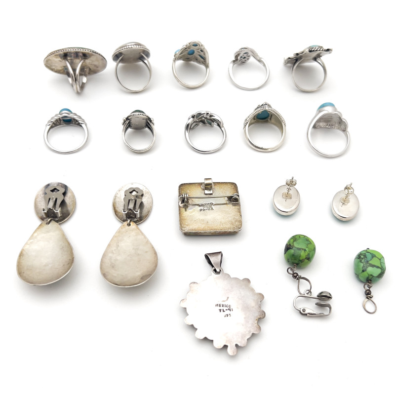 Silver Turquoise and Malachite Jewelry Group