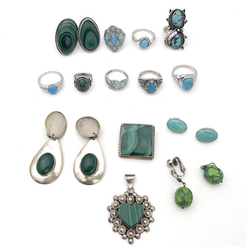 Silver Turquoise and Malachite Jewelry Group