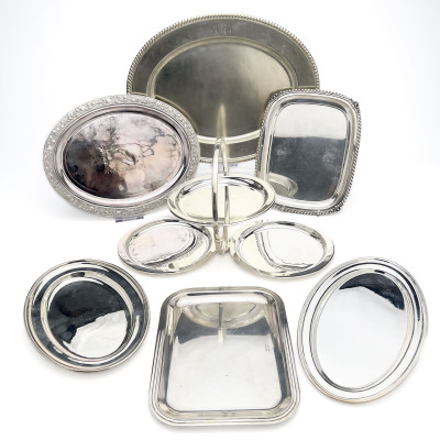 Image for Lot Silverplate Tray Group - Including Asprey Cake Stand and Cristofle Tray