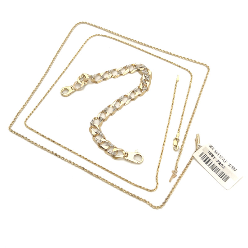 Gold And Diamond Curb Link Bracelet, And Two Gold Chains