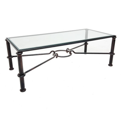 Image for Lot Modernist Patinated Wrought Metal and Glass Coffee Table