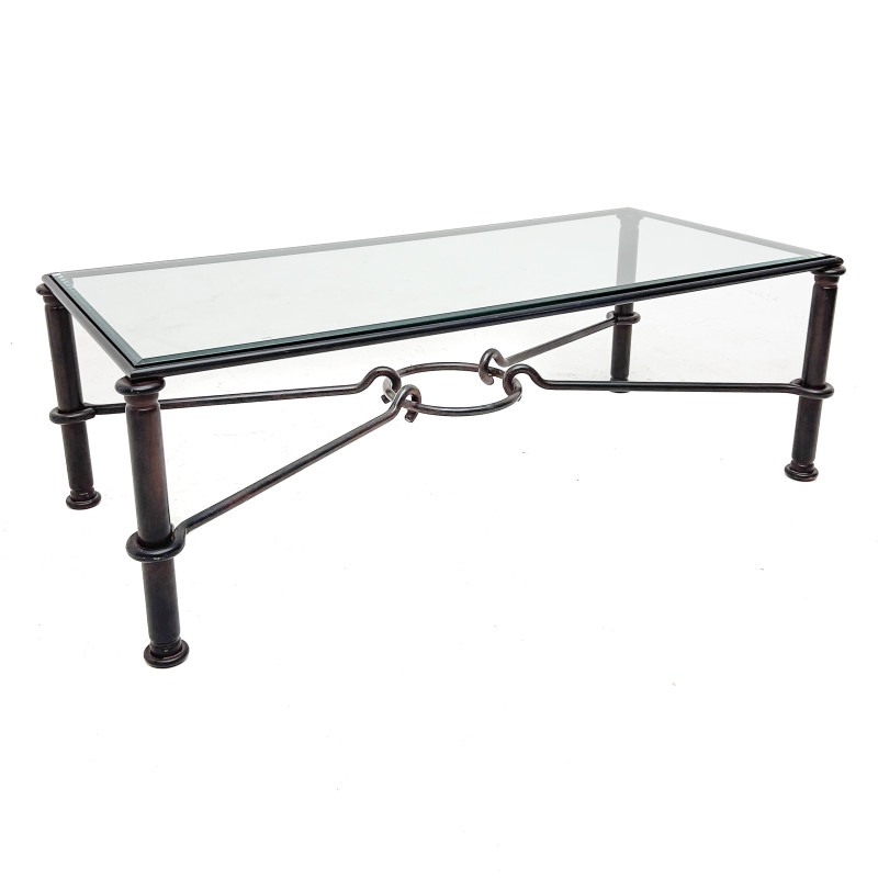 Modernist Patinated Wrought Metal and Glass Coffee Table