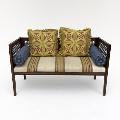 Classic Upholstered Bench with Cane Back