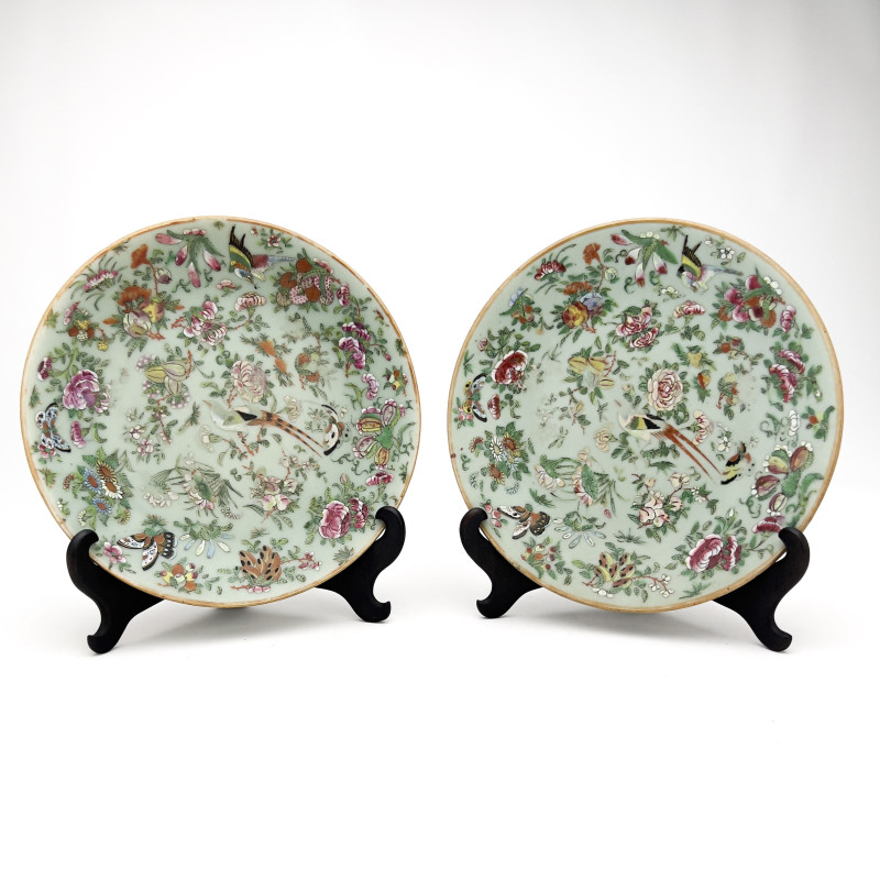 Pair of Chinese Canton Famille Rose Celadon Plates