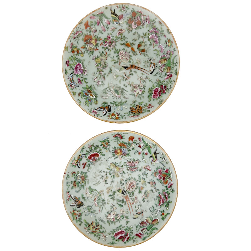 Pair of Chinese Canton Famille Rose Celadon Plates