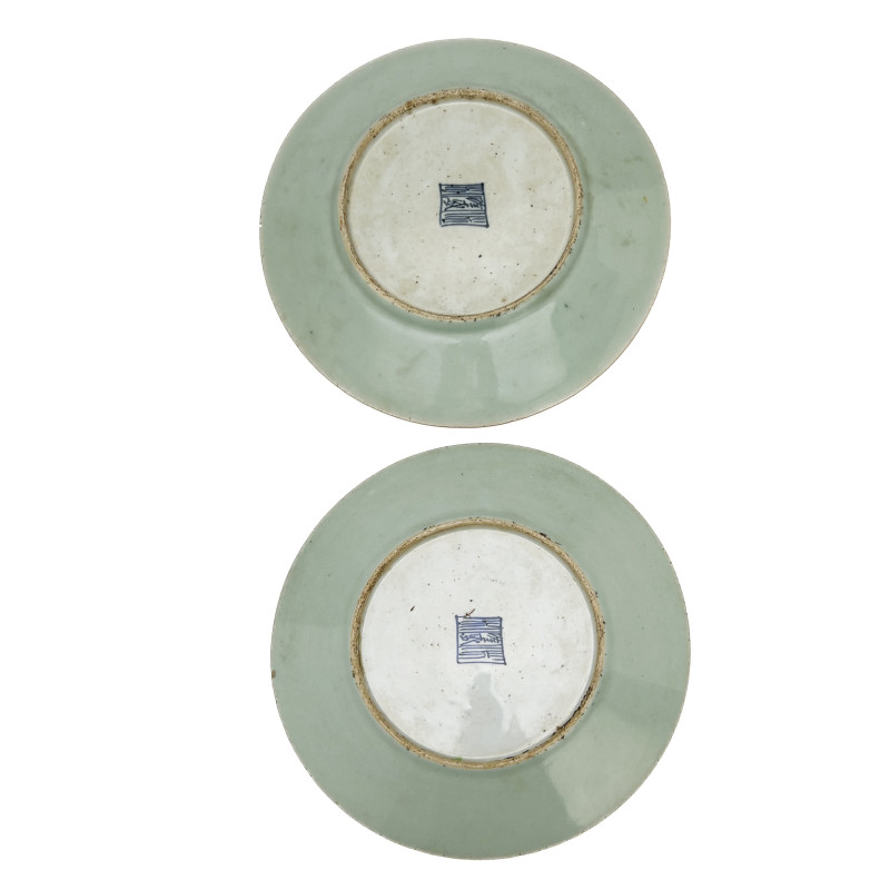 Pair of Chinese Canton Famille Rose Celadon Plates